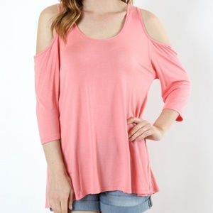 NEW Womens Open Shoulder Pink Top 3/4 Sleeves
